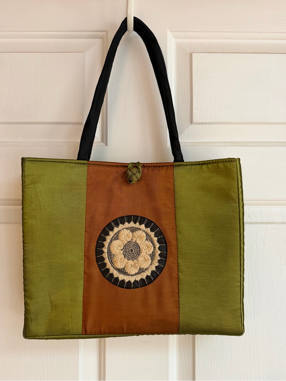Olive Green and Chestnut Embroidered Medallion Tote